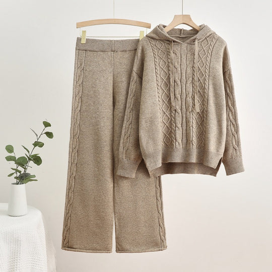 Damen lässiges Strick-Loungewear-Set mit Kapuze und breiten Beinen R&B