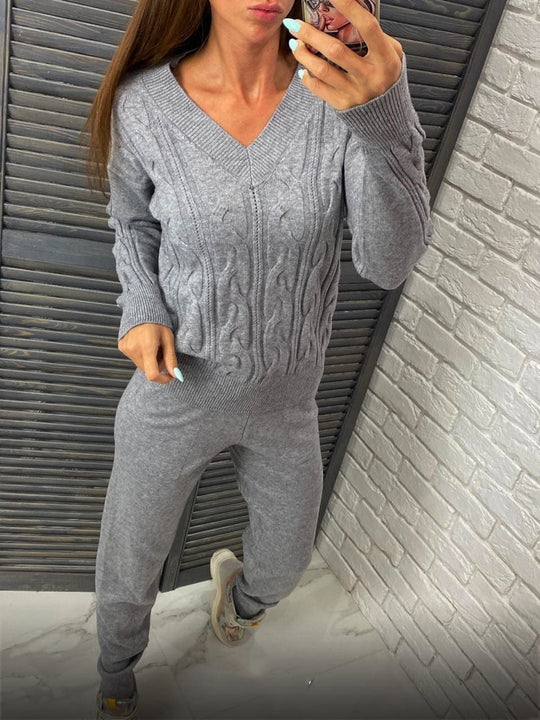 Damen Strickpullover und Jogginghose Set mit Zopfmuster R&B