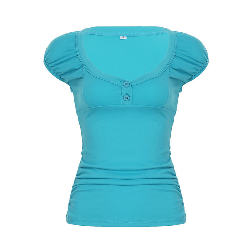 Damen figurbetontes Kurzarmshirt mit Puffärmeln und geschlossenen Knöpfen R&B