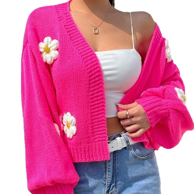Damen Kurzstrickcardigan mit verspieltem Blumenmuster R&B