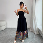 Damen Off-Shoulder Maxikleid mit floralem Stickereinsatz und transparenter Schätzung R&B