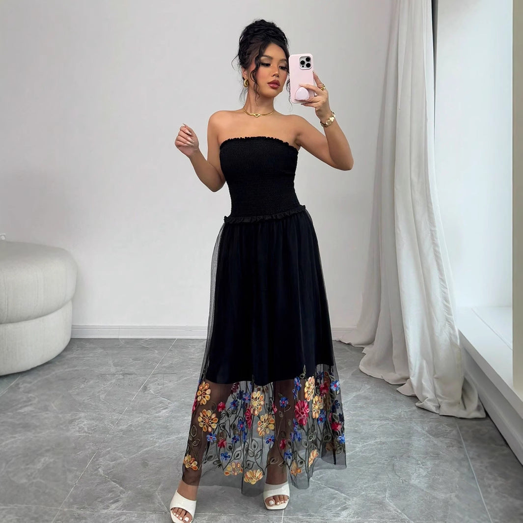 Damen Off-Shoulder Maxikleid mit floralem Stickereinsatz und transparenter Schätzung R&B