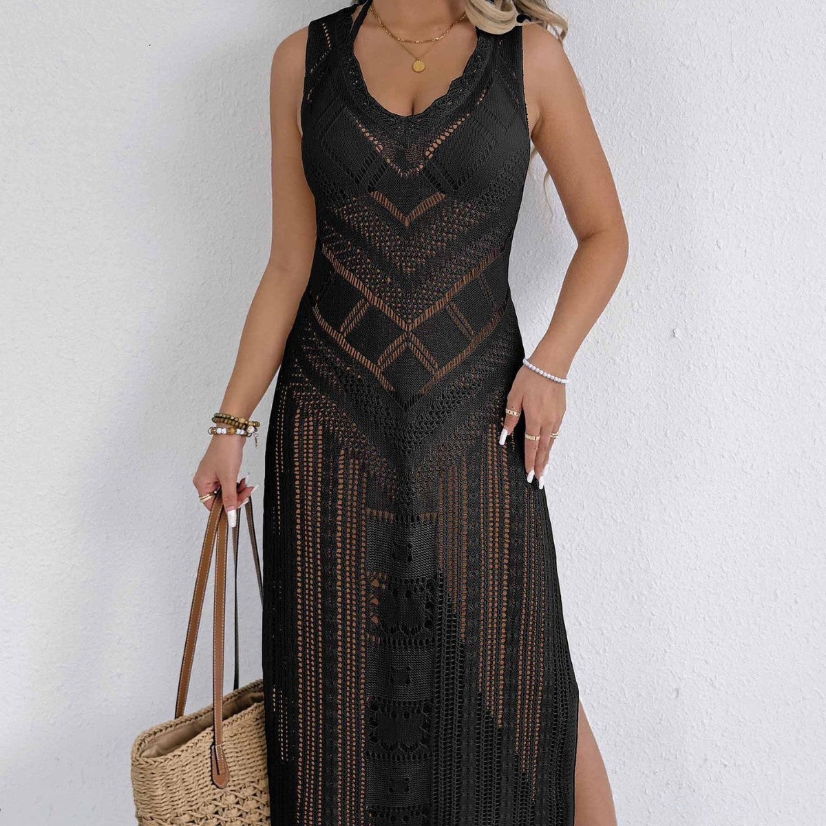 Damen gehäkeltes Maxikleid mit dezenter Lochmuster-Optik R&B