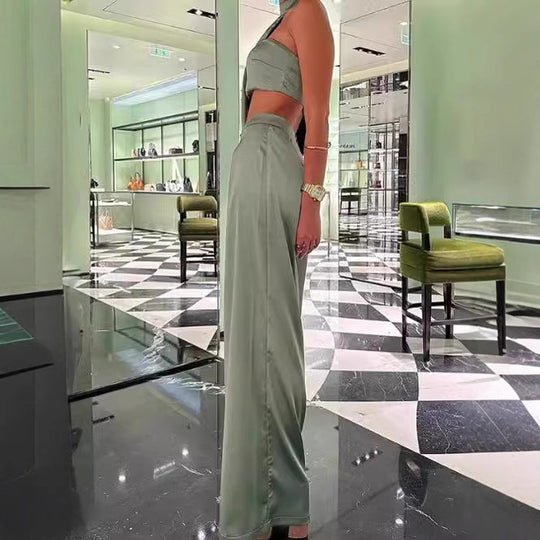 Damen Elegantes Zweiteiliges Set mit asymmetrischem Oberteil und weit geschnittener Hose R&B