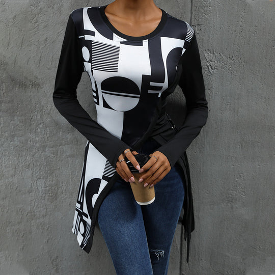 Damen Langarmshirt mit grafischem Muster und asymmetrischem Saum R&B