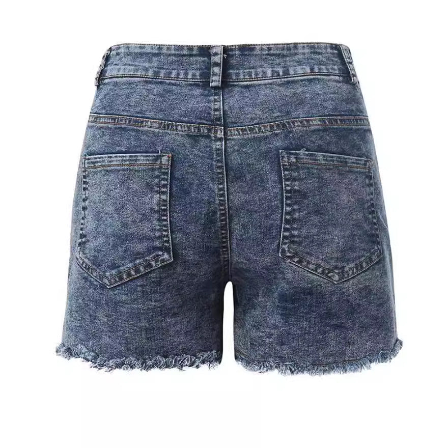 Damen Hochtaillierte Jeans-Shorts mit fransigem Saum R&B