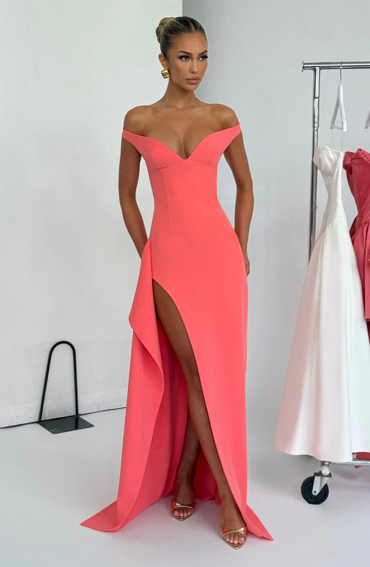 Damen Elegantes Maxikleid mit schulterfreiem Design und hohem Schlitz R&B