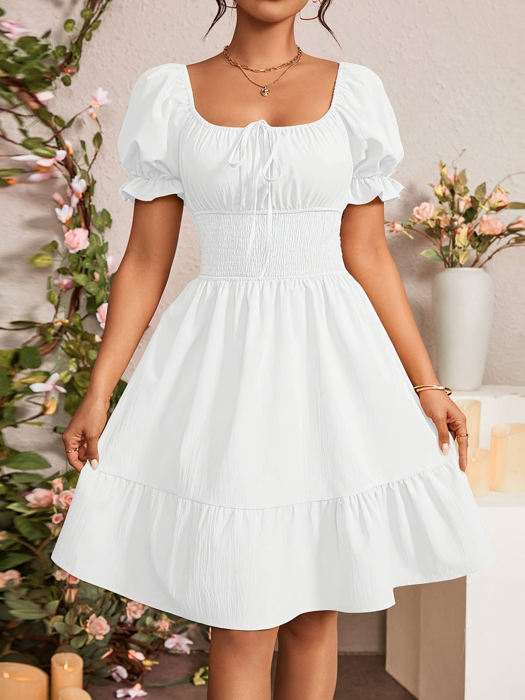 Damen Puffärmel Kleid mit elastischem Tailleneinsatz und Rüschensaum R&B