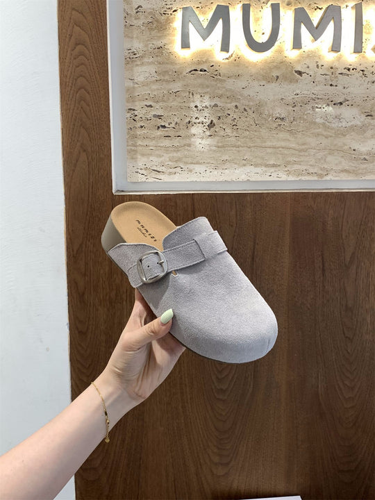 Damen bequeme Clogs mit dekorativem Schnallenverschluss und hochwertigem Veloursleder R&B