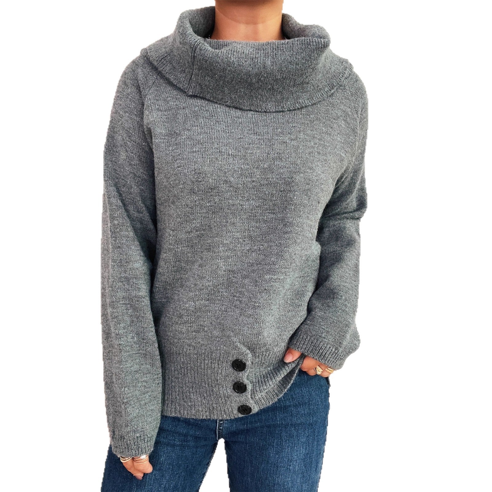 Damen Pullover mit weichem Kragen und dekorativen Knöpfen R&B