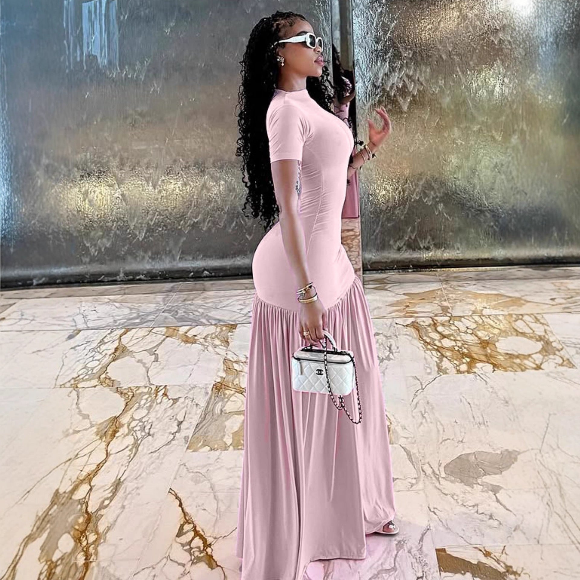 Damen Maxi-Kleid mit elegantem halblangen Ärmel und voluminösem Rock R&B