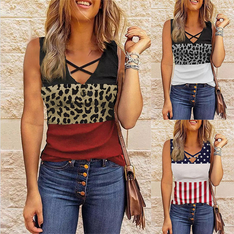 Damen ärmelloses Oberteil mit modernem Lagenlook und animalischem Muster R&B
