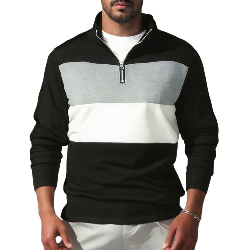 Herren nan Sweatshirt mit halbem Reißverschluss, Stehkragen und markanten Blockstreifen R&B