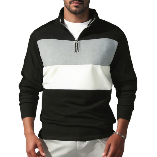 Herren nan Sweatshirt mit halbem Reißverschluss, Stehkragen und markanten Blockstreifen R&B