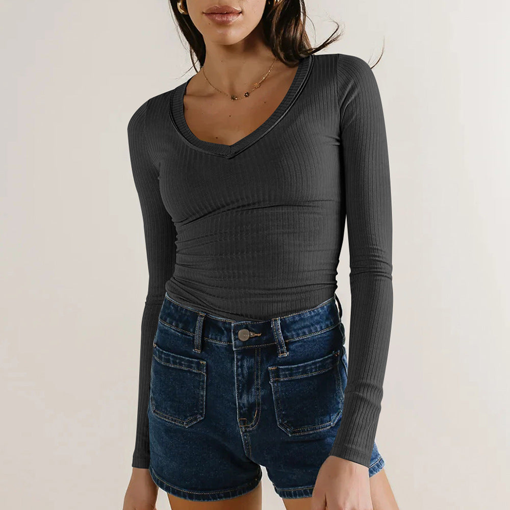 Damen Langarmshirt mit V-Ausschnitt und Rippstruktur R&B