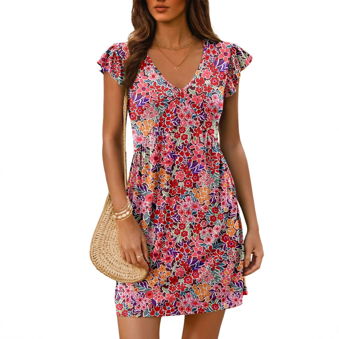 Damen luftiges sommerliches Kleid mit floralem Muster und V-Ausschnitt R&B