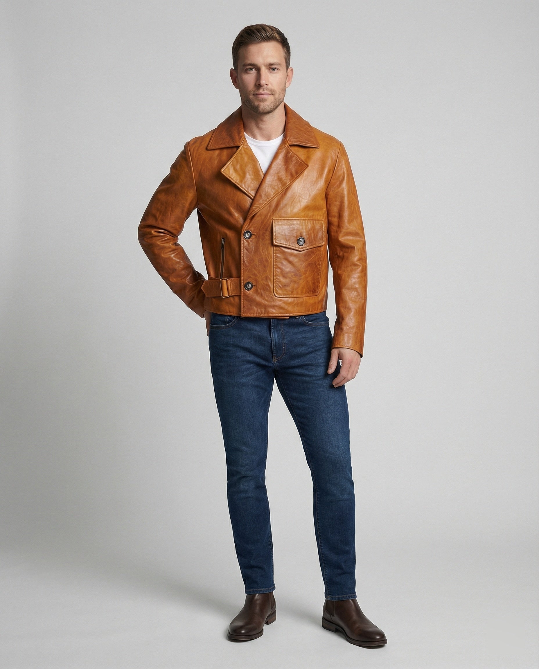 Herren Lederjacke Biker kurz mit Revers