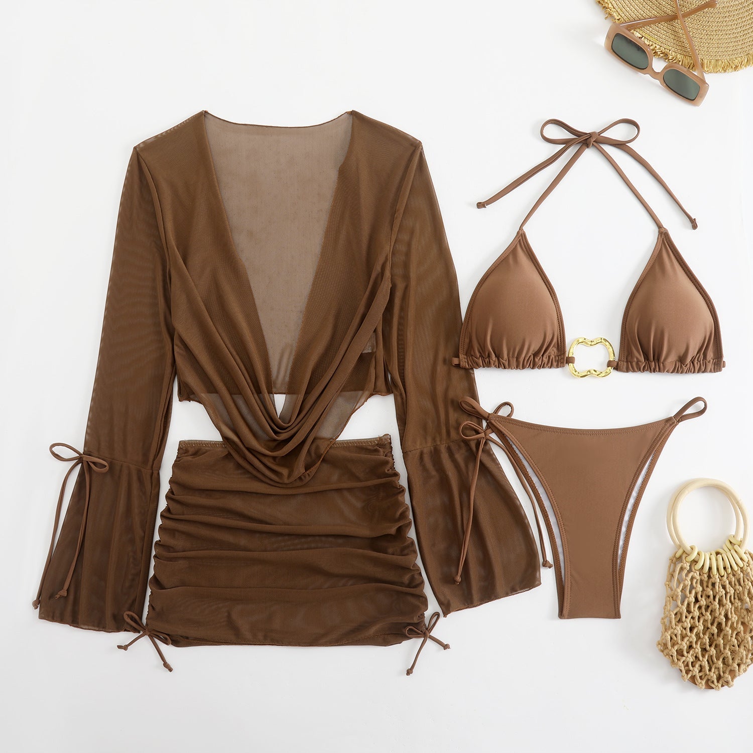 Damen Bikini-Set mit lässiger Strickjacke und verstellbaren Trägern R&B