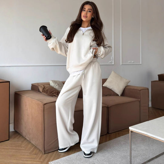 Damen lässiges Fleece-Set mit hochgeschlossenem Reißverschluss und weiten Beinen R&B