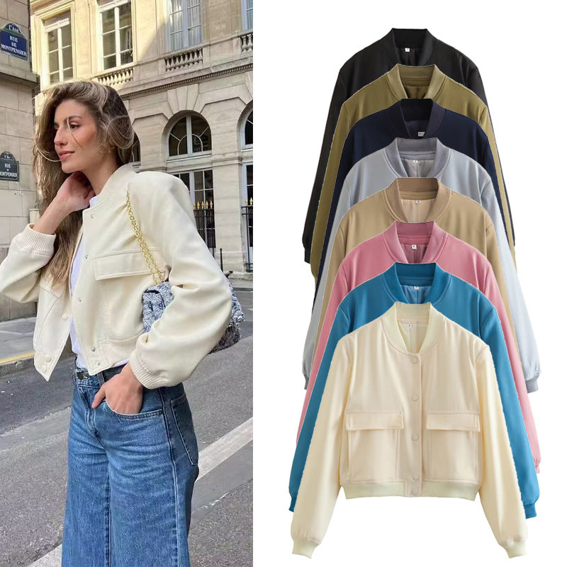 Damen modische cropped Bomberjacke mit großen Pattentaschen R&B