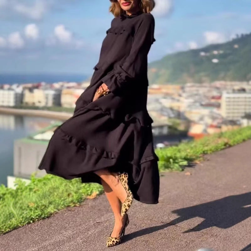 Damen nan kastiges Stufenmidikleid mit Rüschenkragen, gerafften Manschetten und verdeckten Seitentaschen R&B