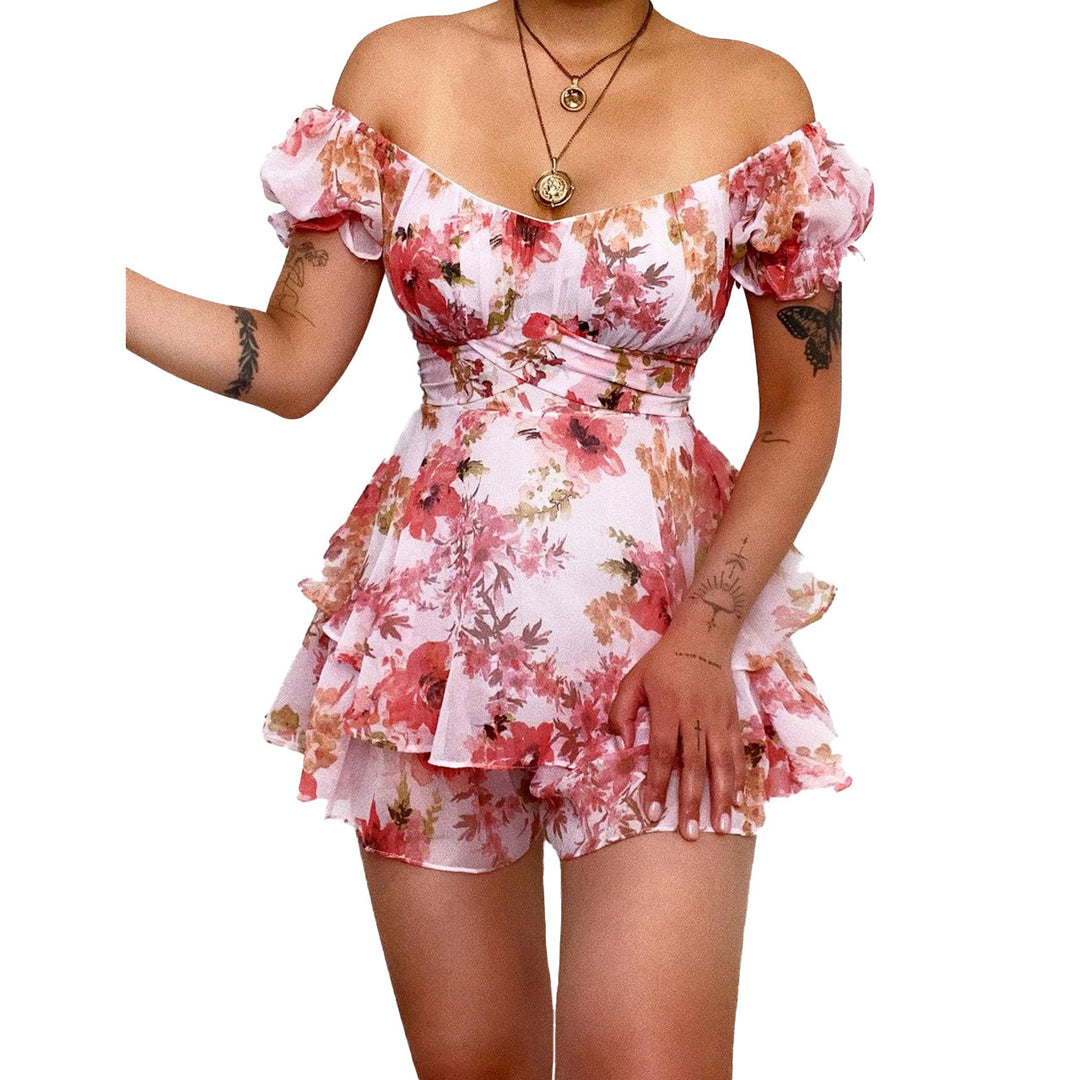 Damen Kurzarm Overall mit romantischem Blumenmuster und fließendem Schnitt R&B