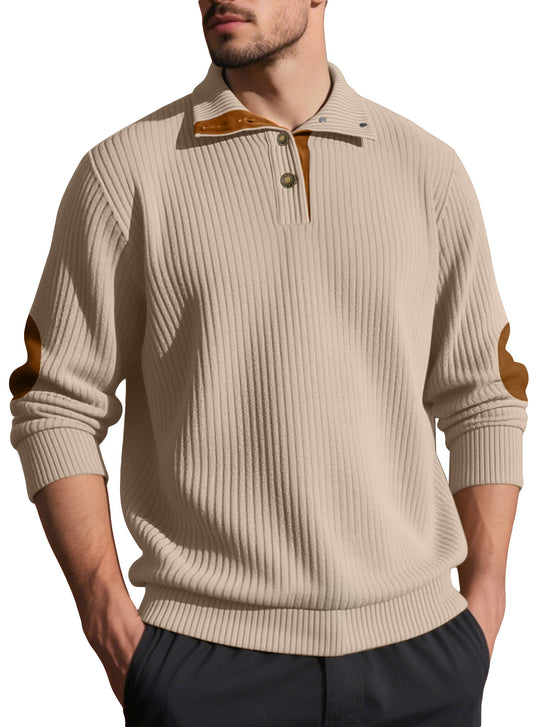 Herren nan Rippstrick-Halbknopf-Pullover mit Kentkragen und Lederbesatz R&B