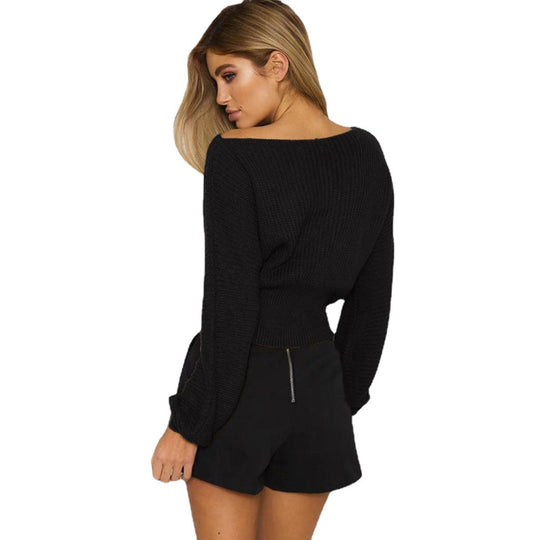 Damen trendiger Strickpullover mit dekorativer Schnürung R&B