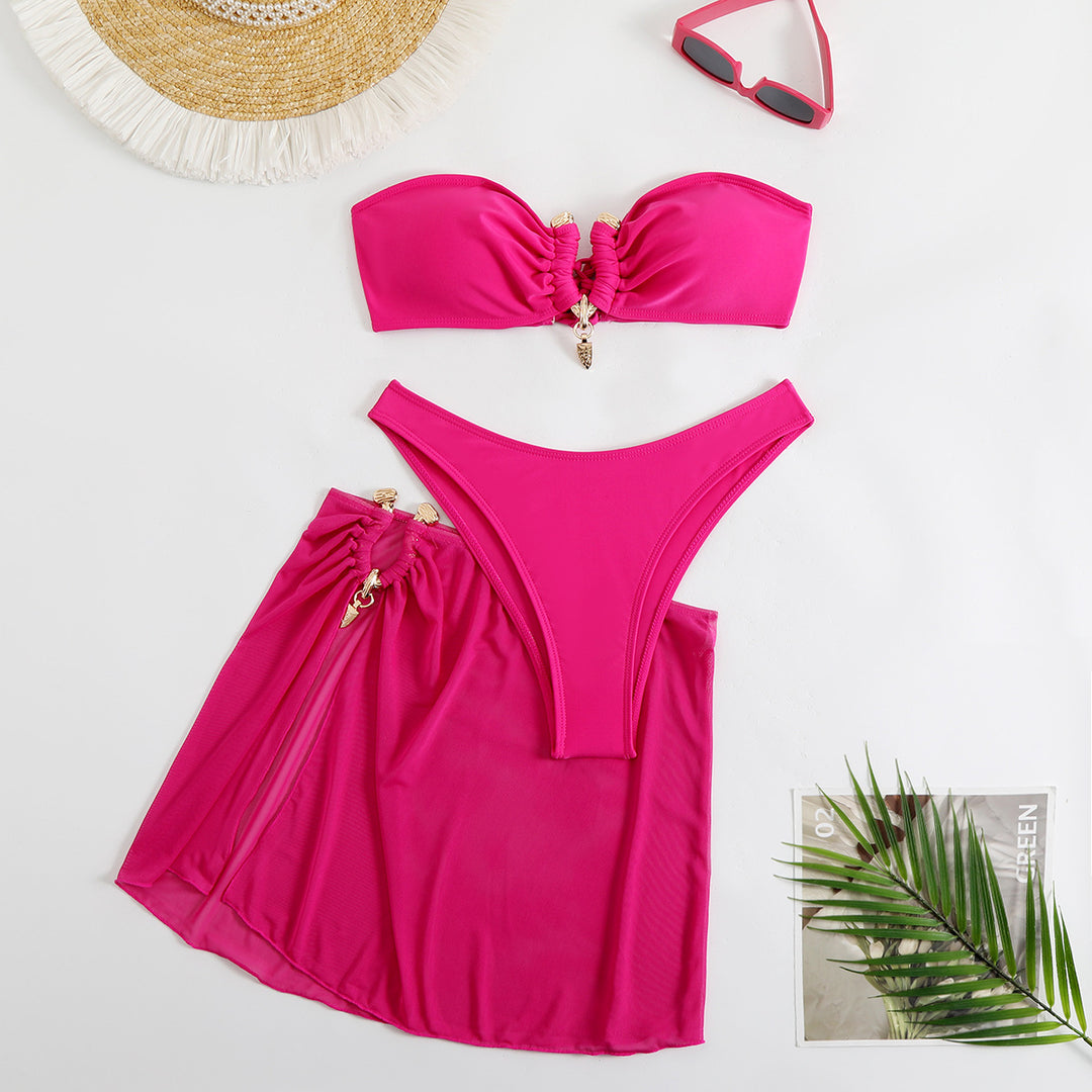Damen Bikini-Set mit modisch gerafftem Oberteil und elegantem Wickelrock R&B