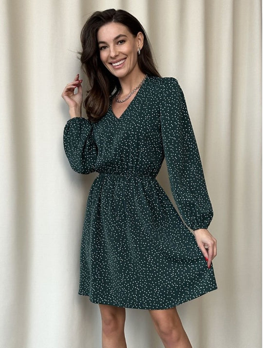 Damen Freizeitkleid mit V-Ausschnitt und Puffärmeln R&B