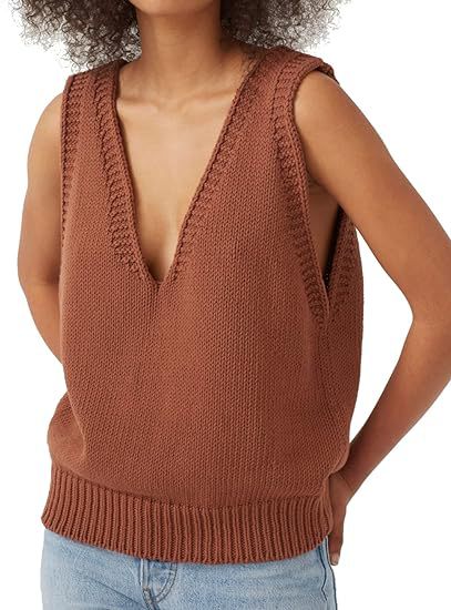 Damen lässiger Strickpullover ohne Ärmel mit tiefem V-Ausschnitt R&B