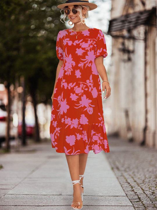 Damen Fließendes Maxikleid mit floralem Design und voluminösen Ärmeln R&B