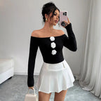 Damen Off-Shoulder Shirt mit dreidimensionalen Rosenapplikationen R&B