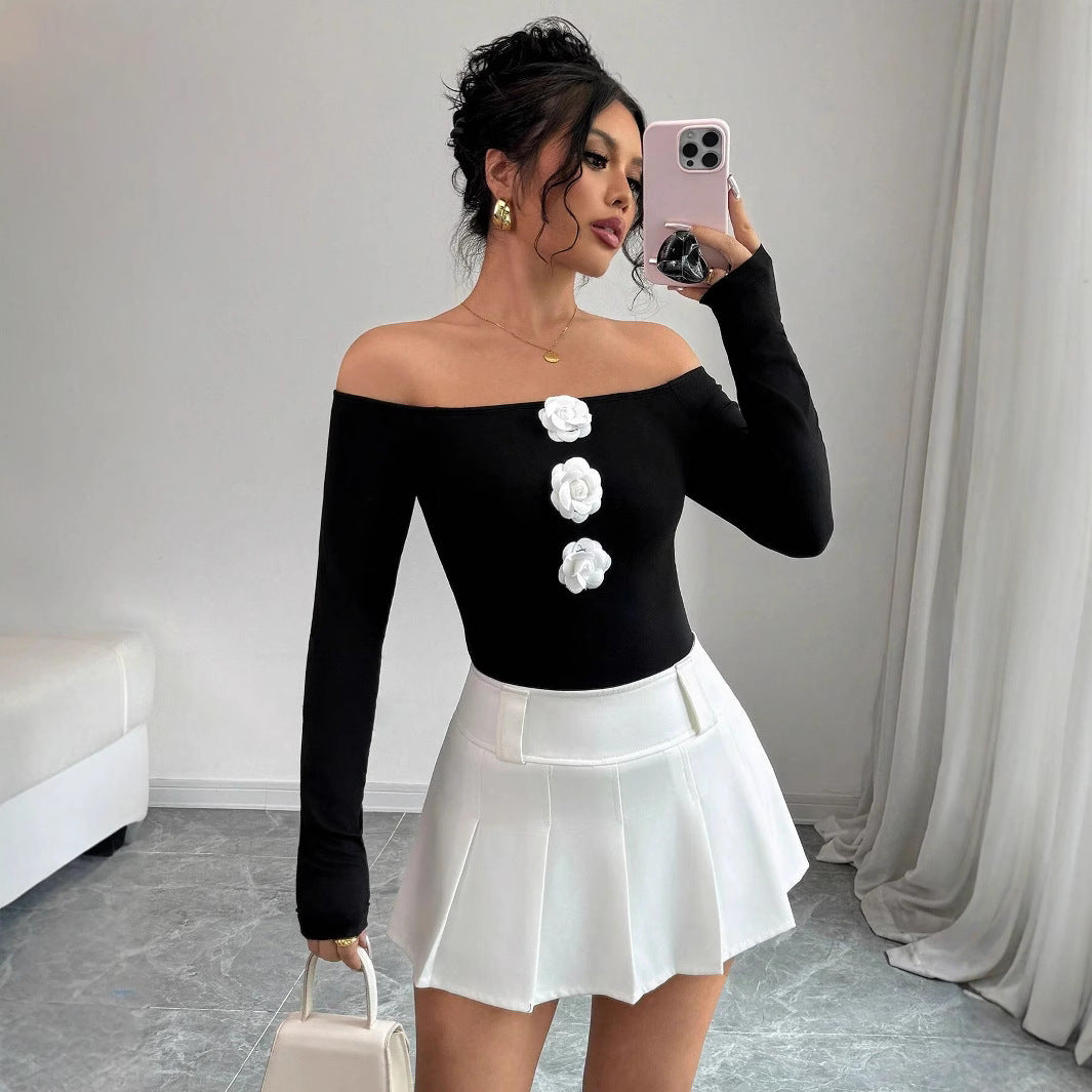 Damen Off-Shoulder Shirt mit dreidimensionalen Rosenapplikationen R&B
