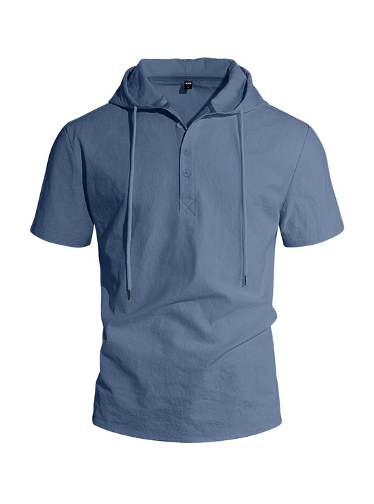 Herren nan kurzärmeliges Kapuzen-Henley aus Slub-Baumwolle mit verdeckter Knopfleiste und Kordelzug R&B