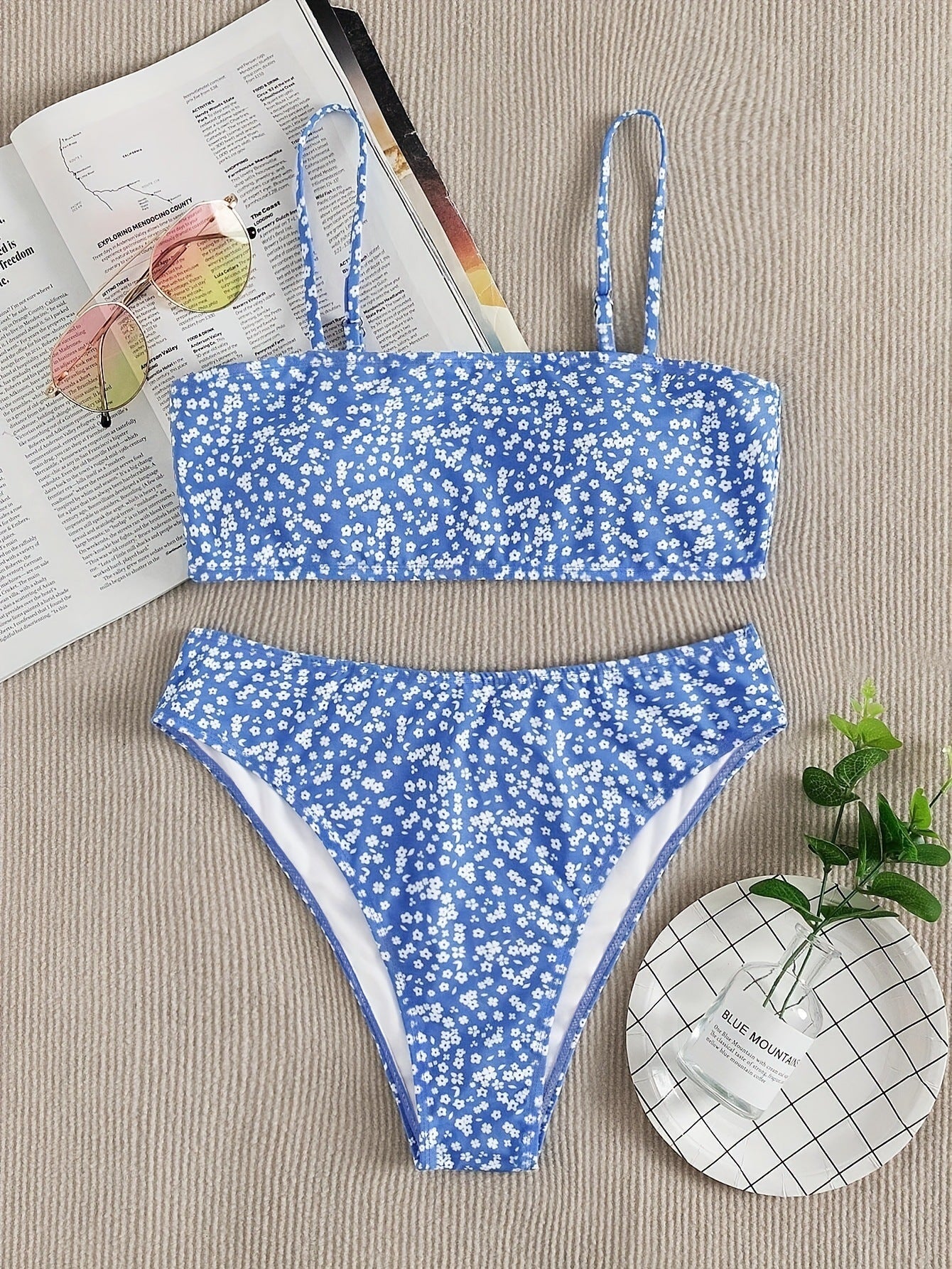 Damen Bandeau-Bikini mit verstellbaren Trägern und floralem Design R&B