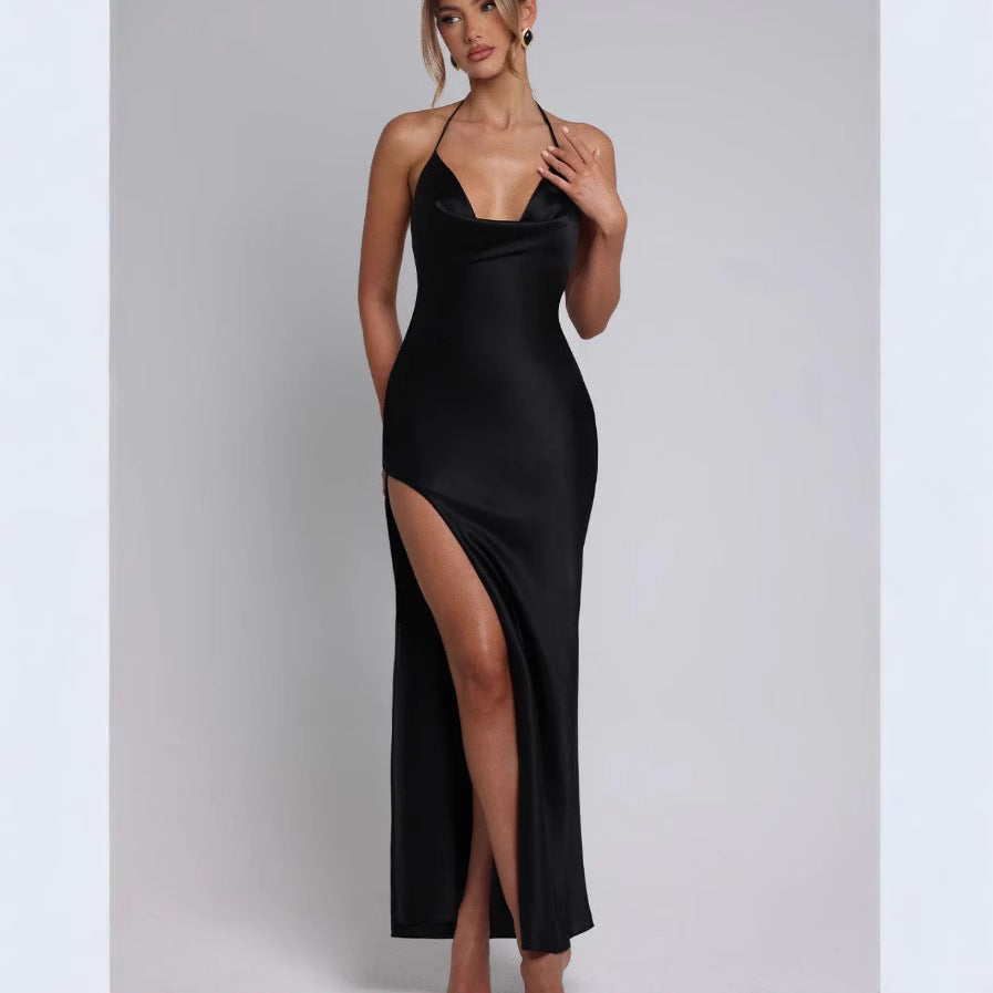 Damen Satin-Maxikleid mit tiefem Schlitz und Halterneck R&B