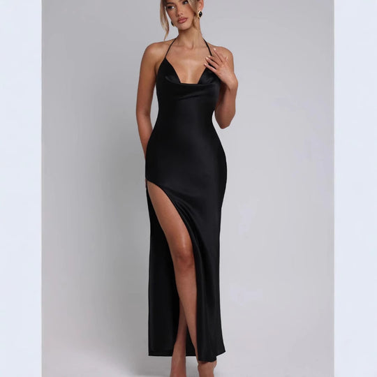 Damen Satin-Maxikleid mit tiefem Schlitz und Halterneck R&B