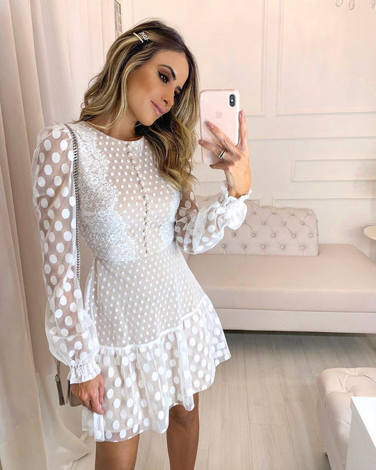 Damen luftiges Kleid mit transparenten Einsätzen und Rüschensaum R&B