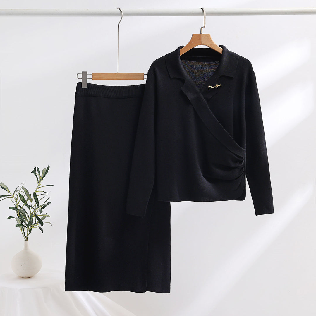 Damen elegantes Strickensemble mit Wickeloberteil und raffinierter hoher Taillierung R&B