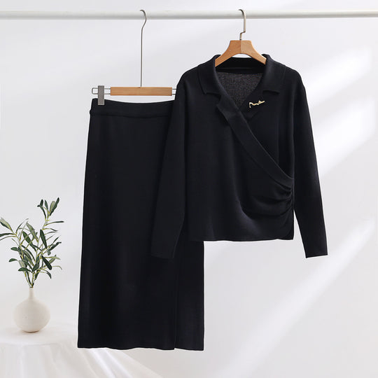 Damen elegantes Strickensemble mit Wickeloberteil und raffinierter hoher Taillierung R&B