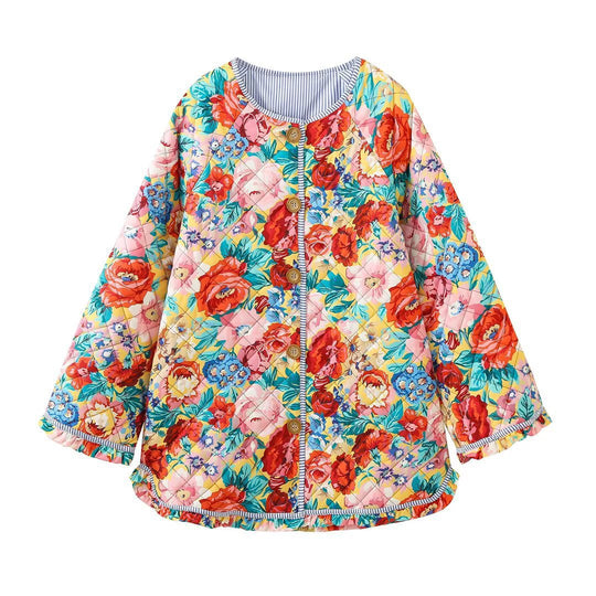 Damen Überwurfjacke mit buntem Blumenmuster und dekorativen Knöpfen R&B