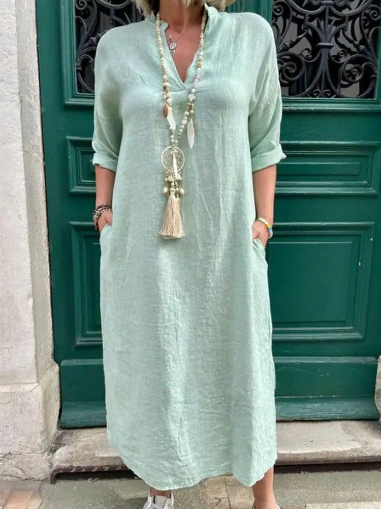 Damen Lässiges Kaftan-Kleid mit seitlichen Taschen und modischem V-Ausschnitt R&B