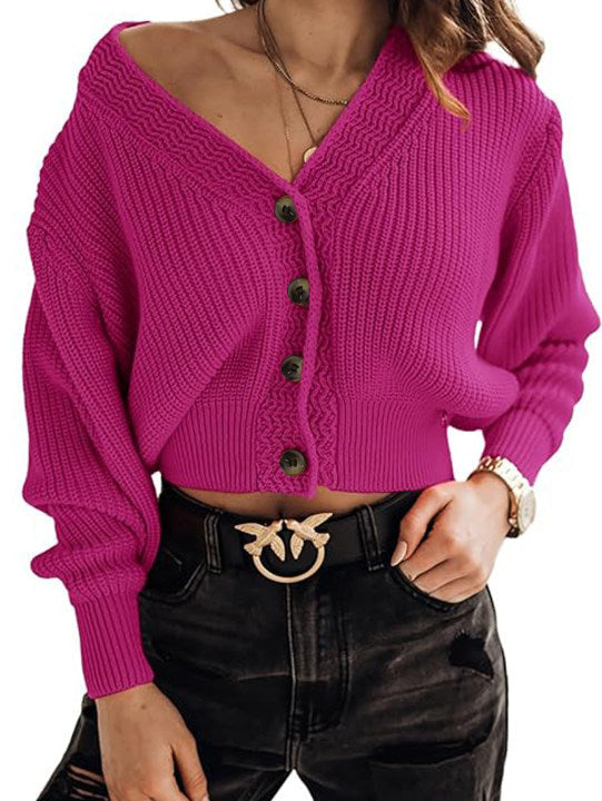 Damen lässiger Strickpullover mit tiefem V-Ausschnitt und Knopfdetails R&B