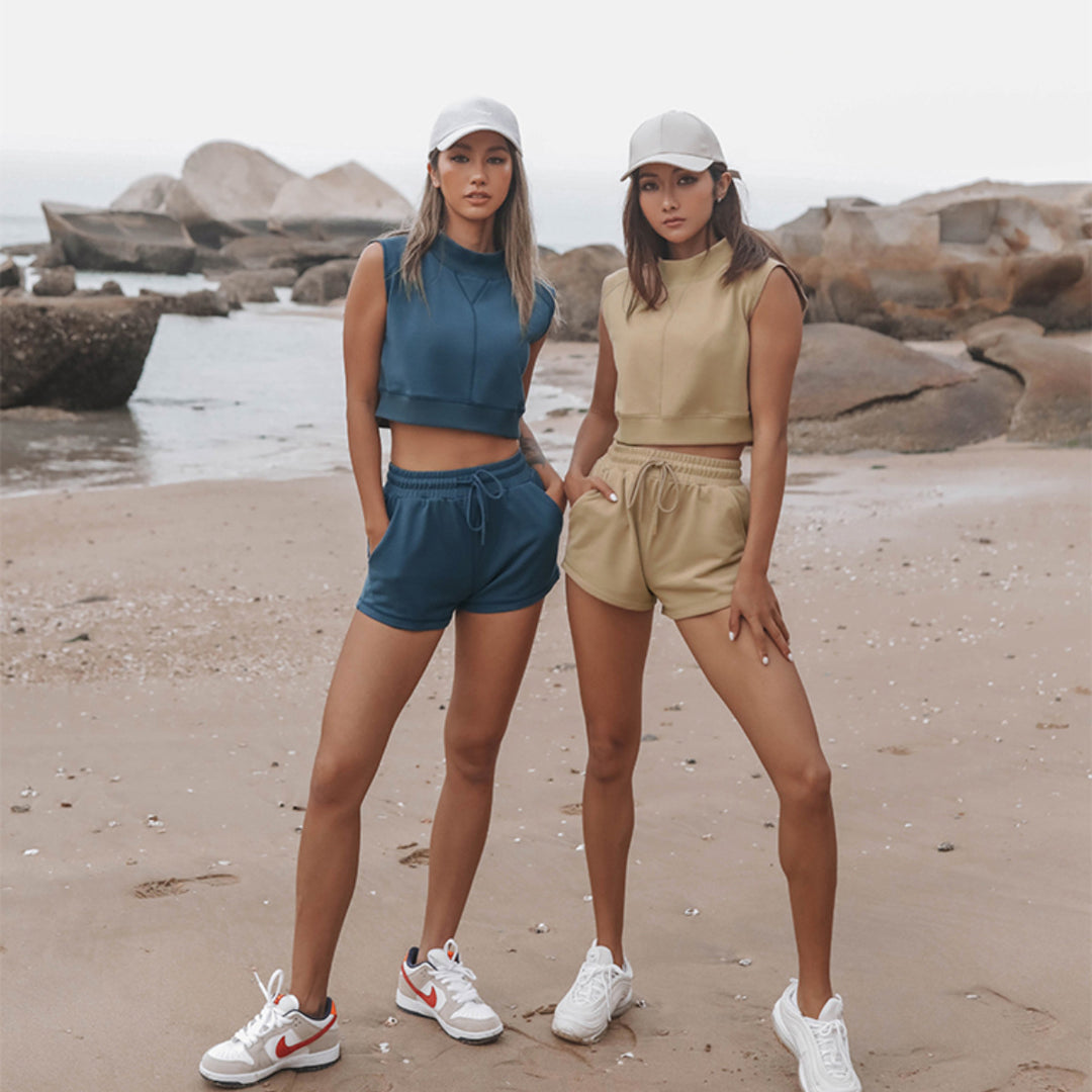 Damen sportliches Cropped-Set mit Rundhalsausschnitt und elastischem Taillenbund R&B
