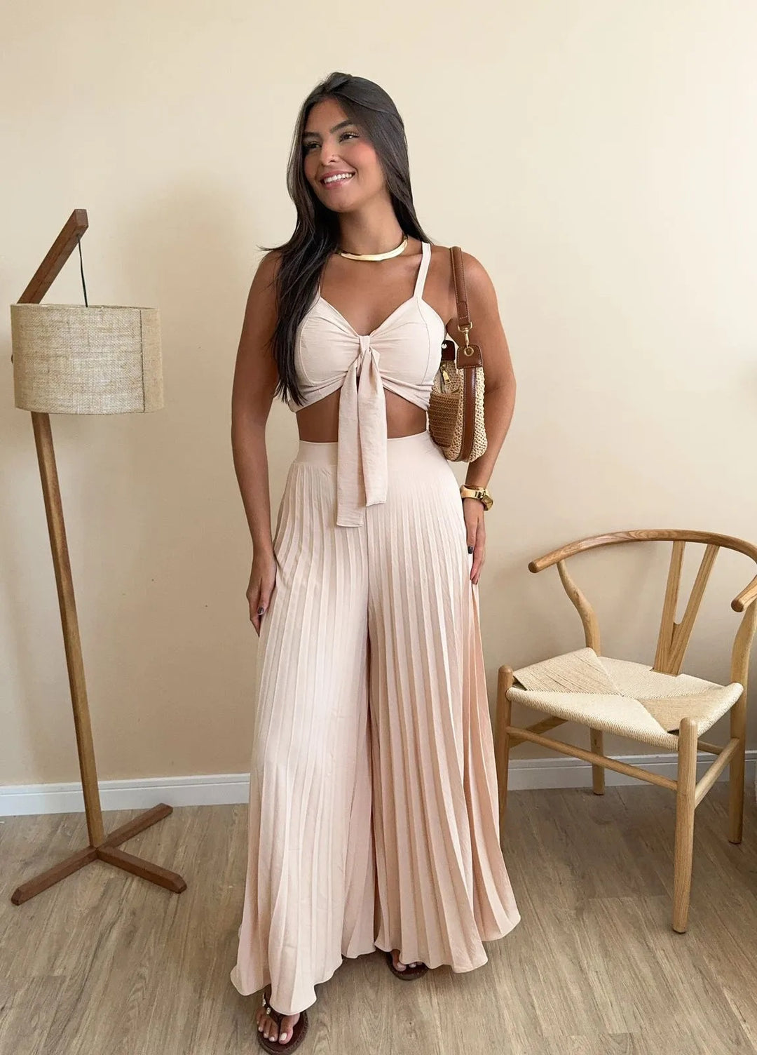 Damen Plissierte weite Hose mit Bindegürtel R&B