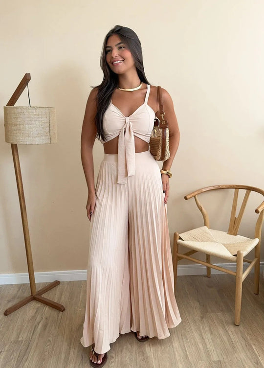 Damen Plissierte weite Hose mit Bindegürtel R&B