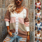 Damen Grobstrick Pullover mit Kapuze und modischem Linienmuster R&B
