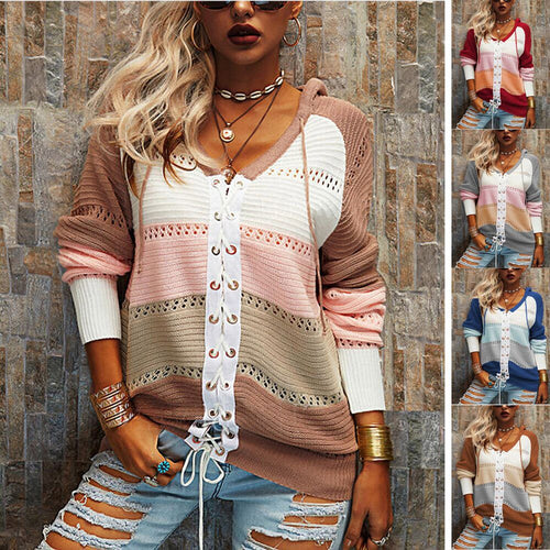 Damen Grobstrick Pullover mit Kapuze und modischem Linienmuster R&B