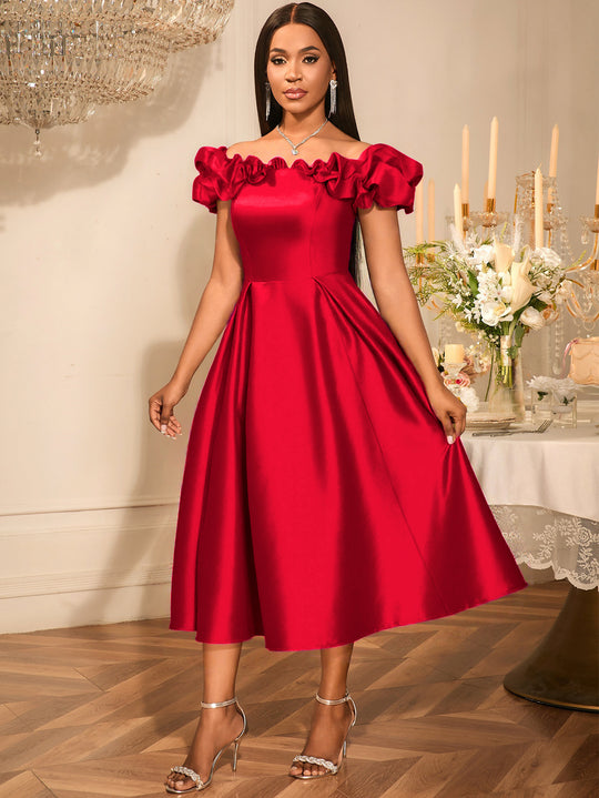 Damen Midi-Party Kleid mit schulterfreiem Design und voluminösen Rüschen R&B
